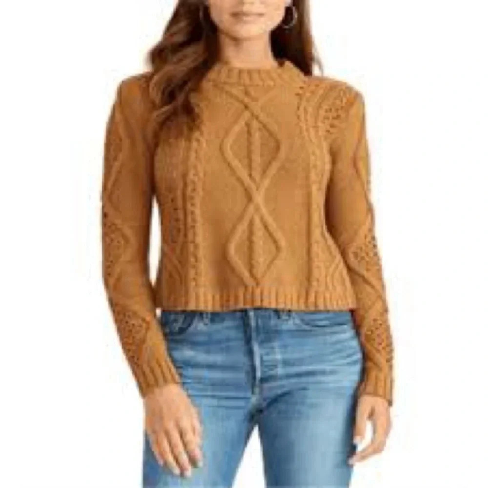 Rachel Roy Cable knit Sweater Women Large Academia Tan Fisherman Preppy Retro